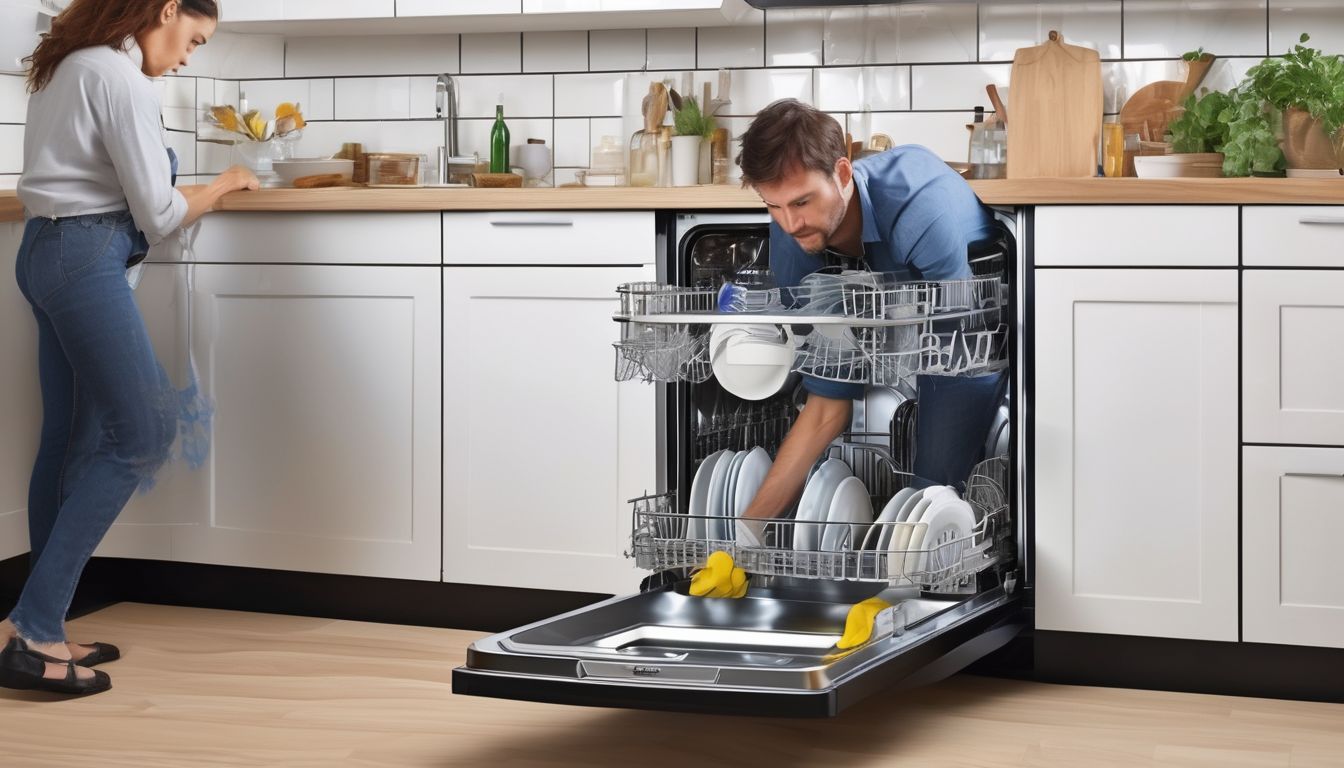 person fixing a leaky dishwasher in a kitchen