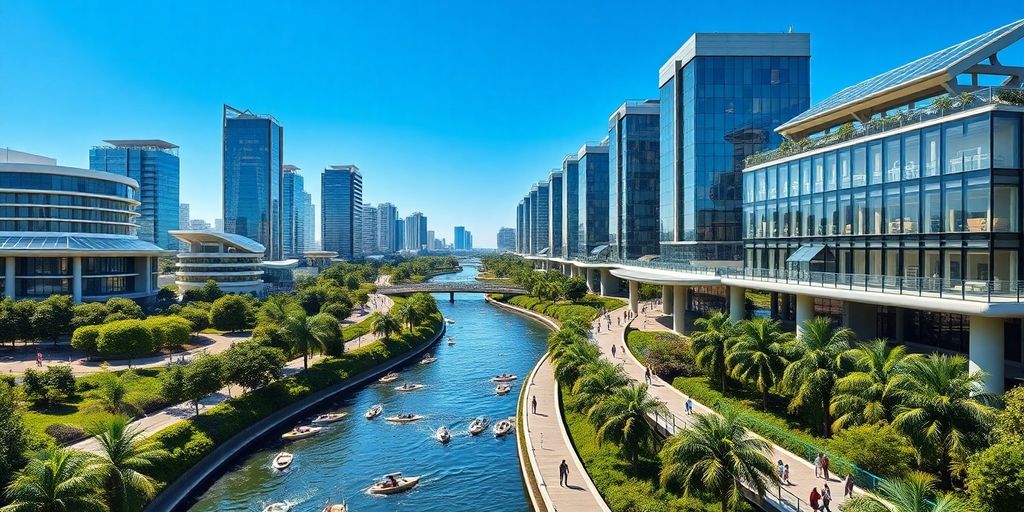 Modern city skyline with green spaces.