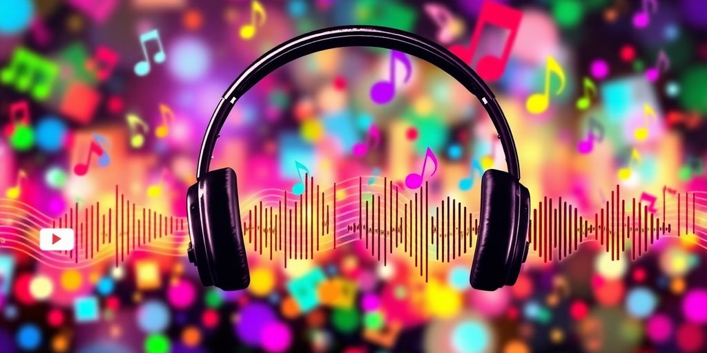 Colorful music symbols and headphones in a dynamic arrangement.