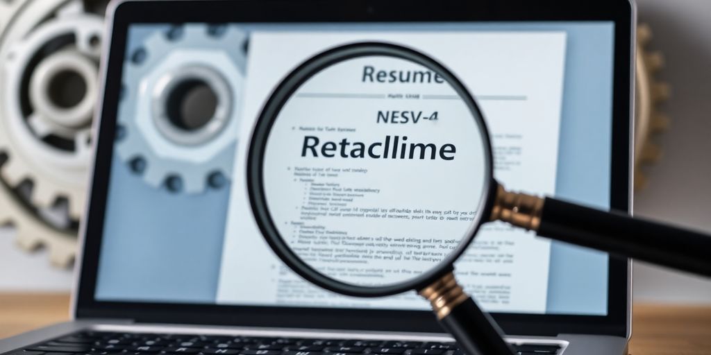 Laptop displaying resume, gears spinning, magnifying glass