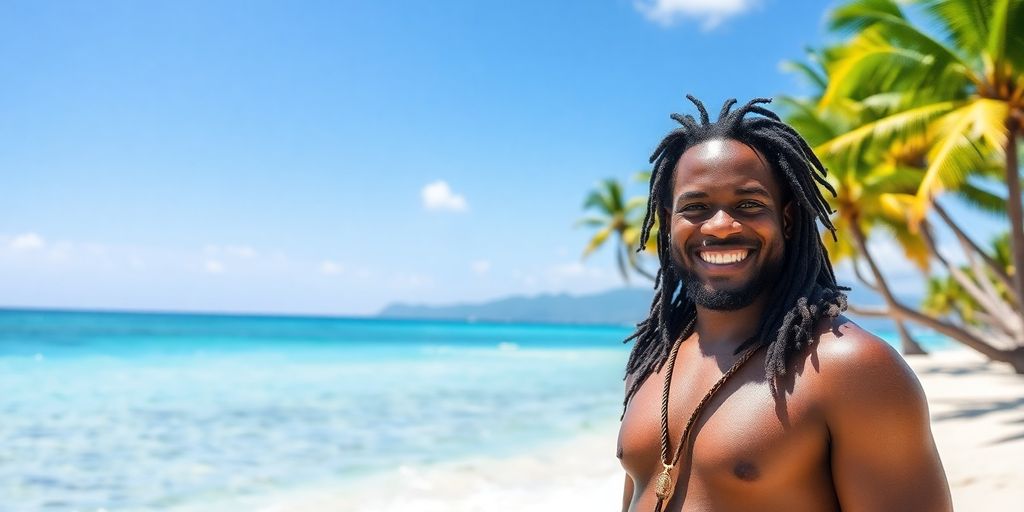 Entrepreneur souriant avec cocotier et plage guadeloupéenne.