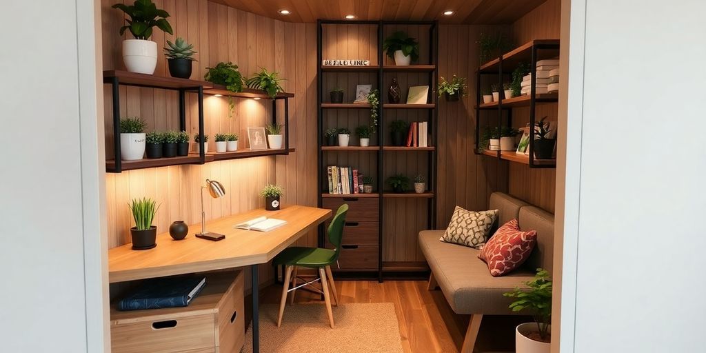Small cabin corner with multifunctional furniture and cozy decor.