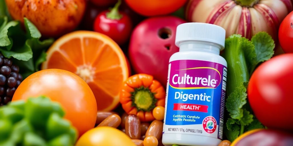 Culturelle probiotic capsules with fresh fruits and vegetables.