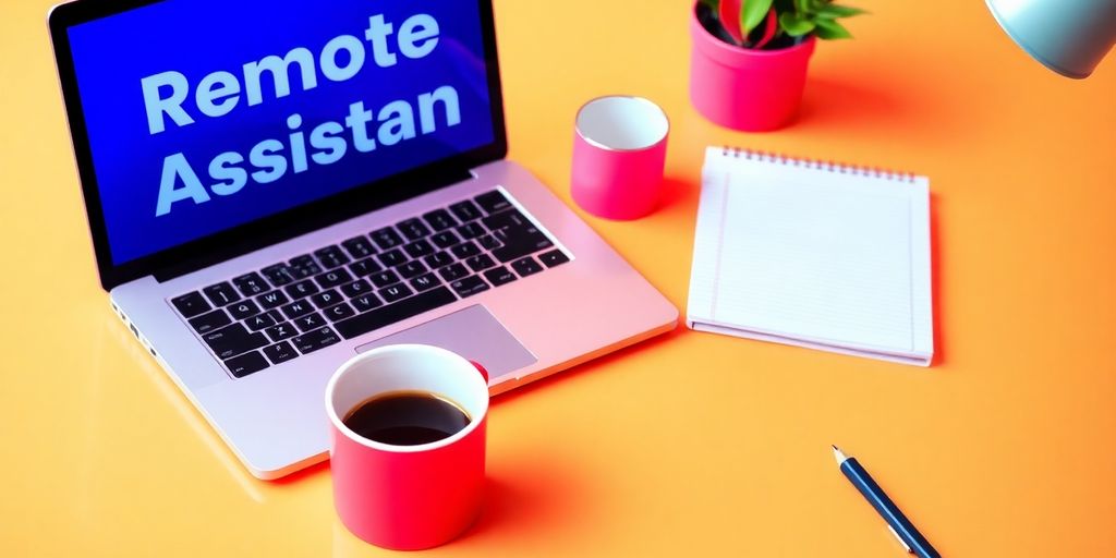 Workspace with laptop and coffee for virtual assistant jobs.