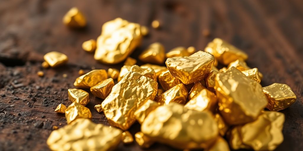 Photograph of gold nuggets on a wooden surface.