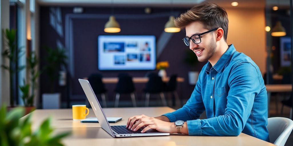 Empreendedor trabalhando em um laptop em escritório moderno.
