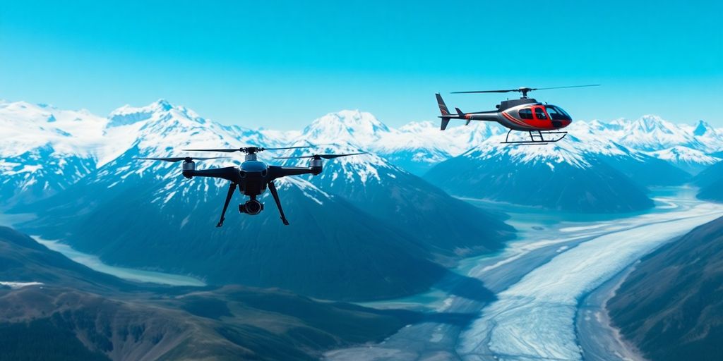 A drone and helicopter fly over vast Alaskan mountain glaciers.