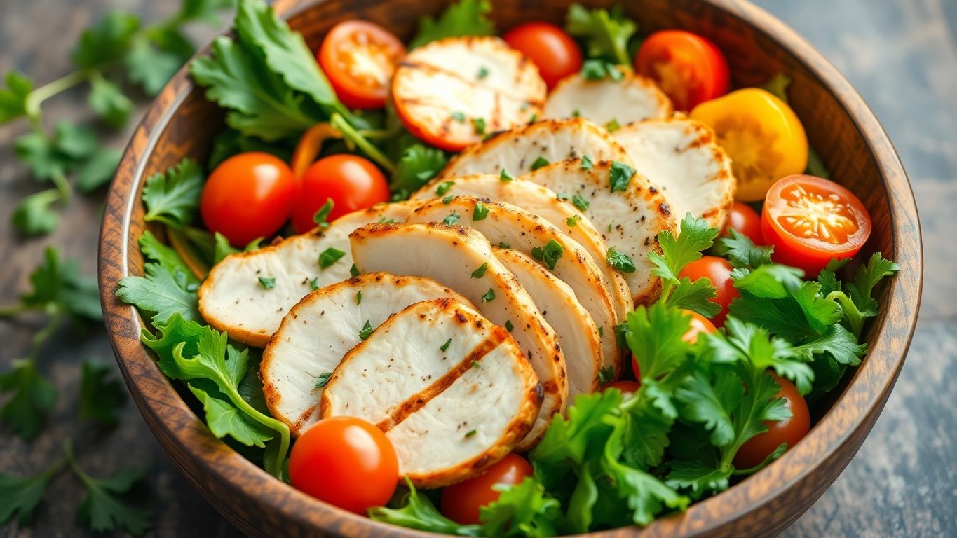 Chicken spring salad with grilled chicken and fresh vegetables.