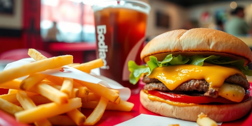 Cheeseburger, fries, and drink on a tray.