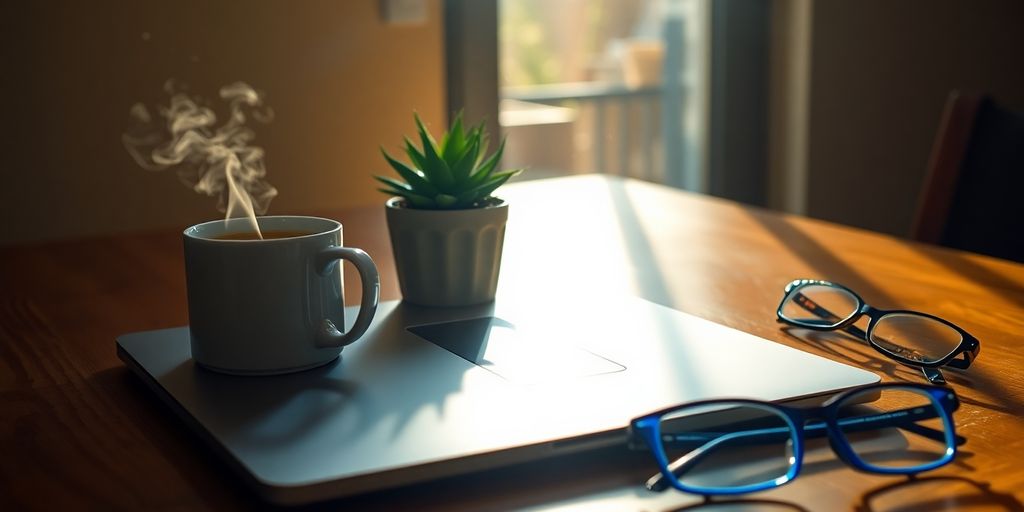 Laptop, coffee, and remote work items.