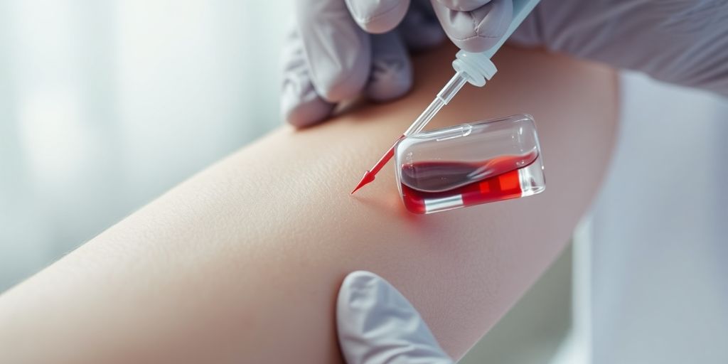 Close-up arm, blood draw, vial.