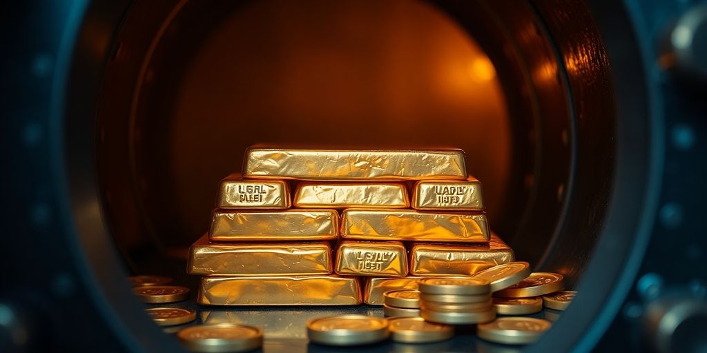 Lingots d'or et pièces dans un coffre-fort bancaire.