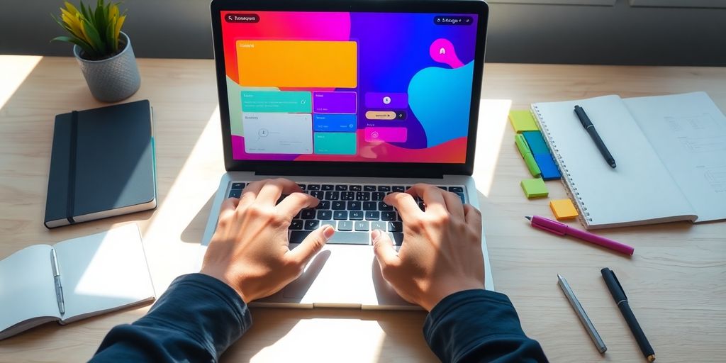 Person designing on a laptop, surrounded by design tools.