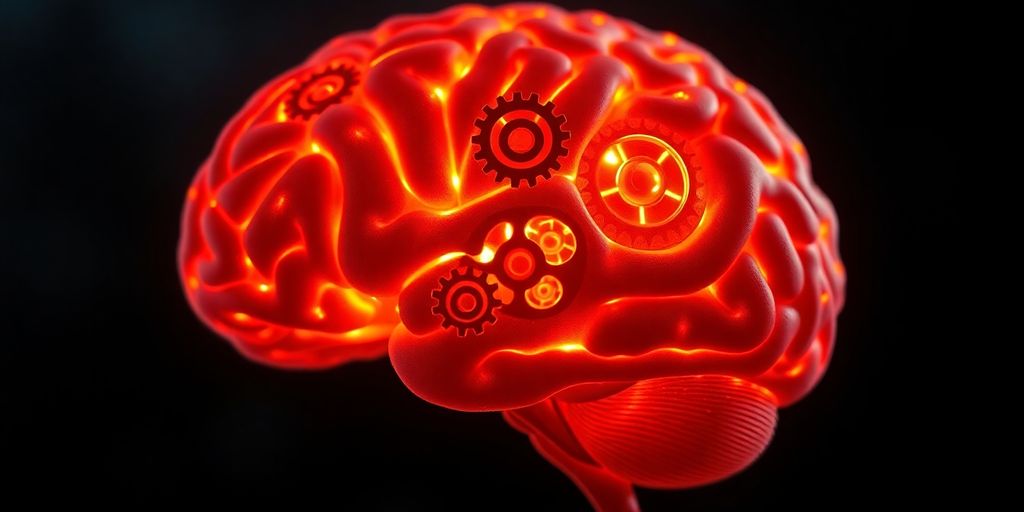 Brain with gears, vibrant, glowing, dark background.
