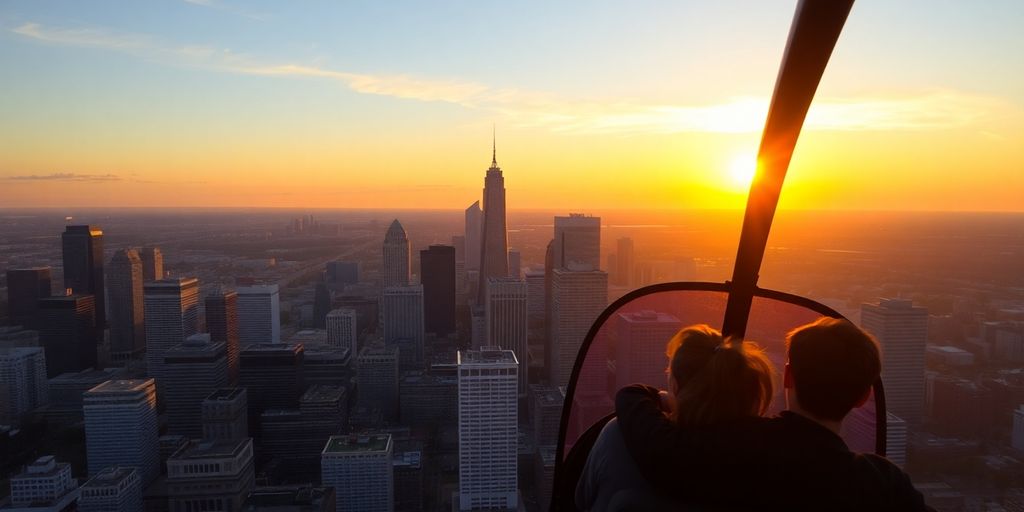 A helicopter flying over the Atlanta skyline at sunset.
