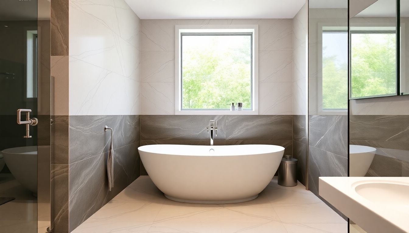 Modern bathroom with freestanding bathtub and elegant tiles.