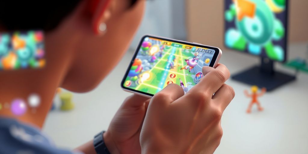 Person playing mobile games, vibrant colors