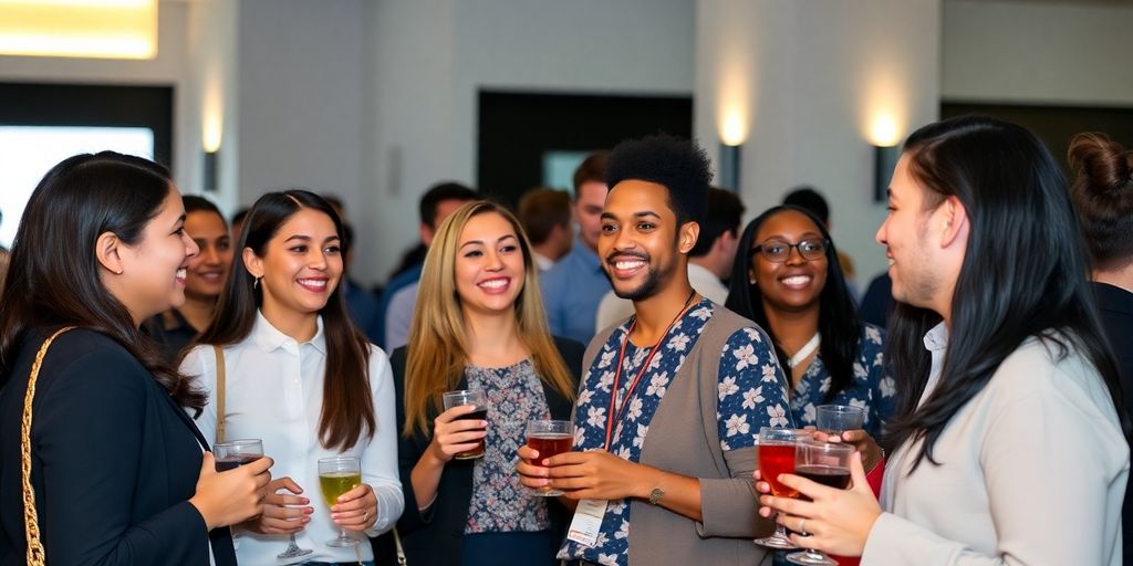Diverse alumni connecting at a network event.