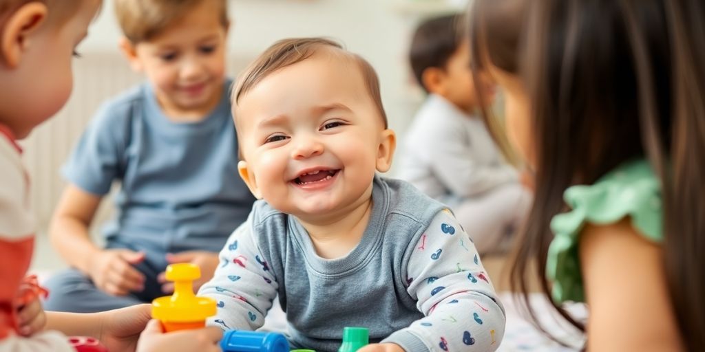 Bebê sorridente brincando com outras crianças e compartilhando.