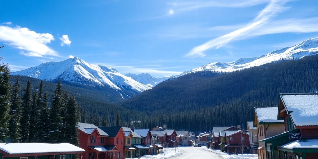Colorful small town buildings, snow-capped mountains, Alaskan wilderness.