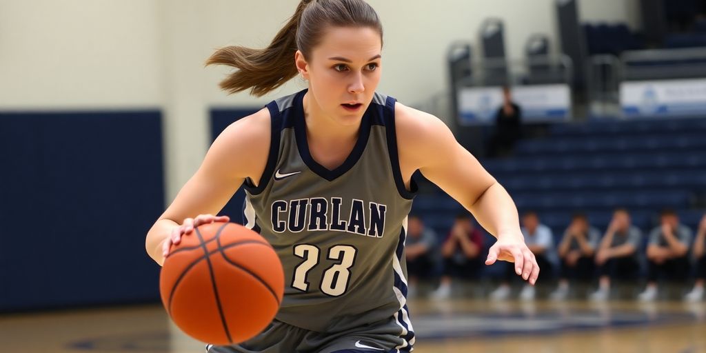 Caitlin Clark dribbling a basketball during a game.