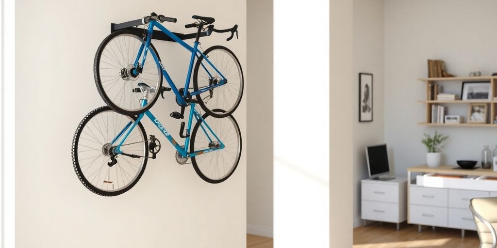Wall bike rack in a modern apartment interior.