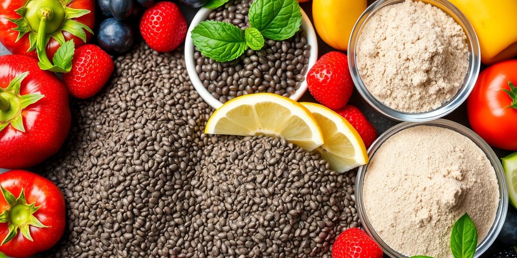 Chia seeds in different forms with fruits and vegetables.