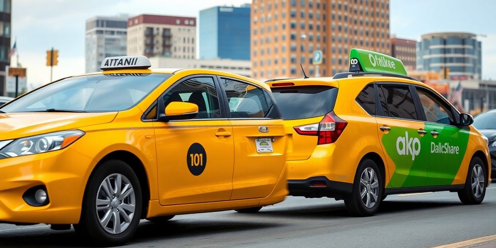 Yellow cab and rideshare car on a DFW street.
