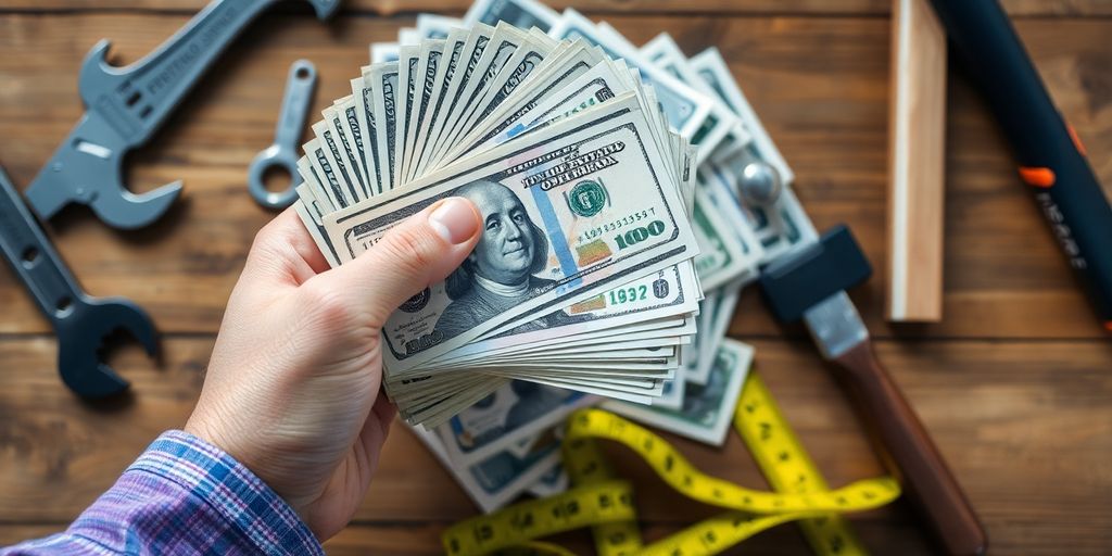 Money, tools, and a person's hands.