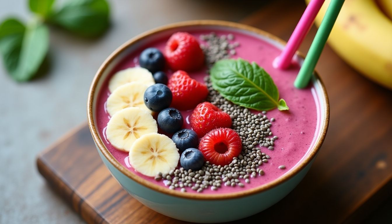 Colorful smoothie bowl with berries and greens.