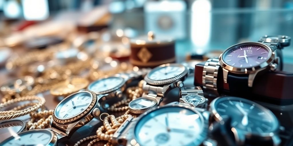 Bijoux et montres dans un magasin de prêt sur gage.