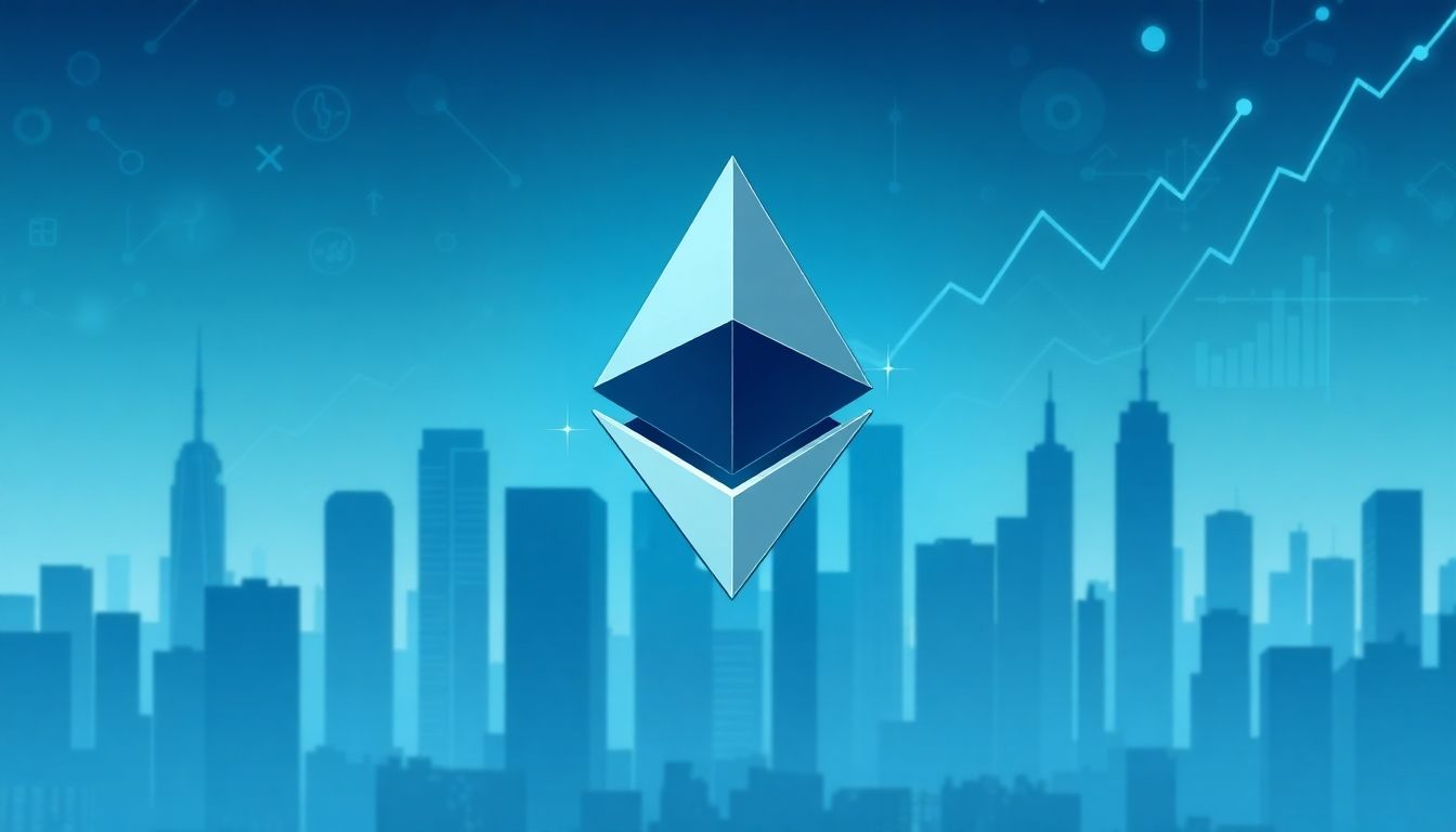 Futuristic Ethereum logo with city skyline and abstract symbols.
