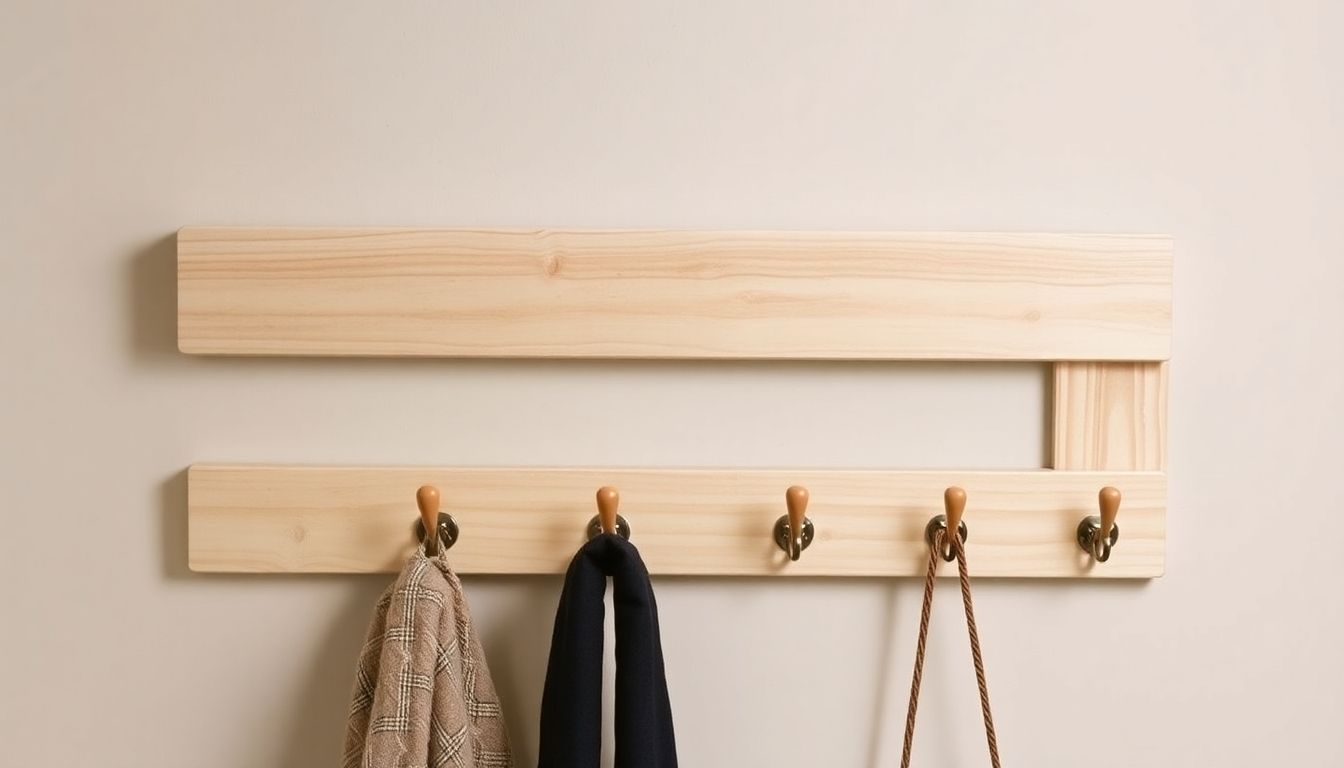 Realistic wooden coat rack with multiple hooks.
