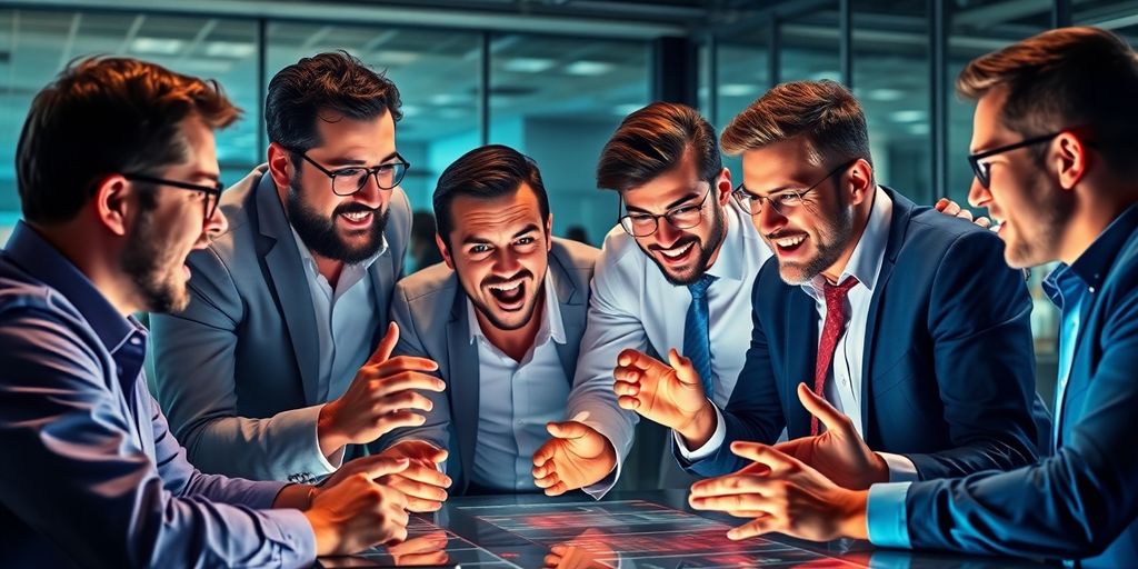 Brokers strategizing in a vibrant office environment.