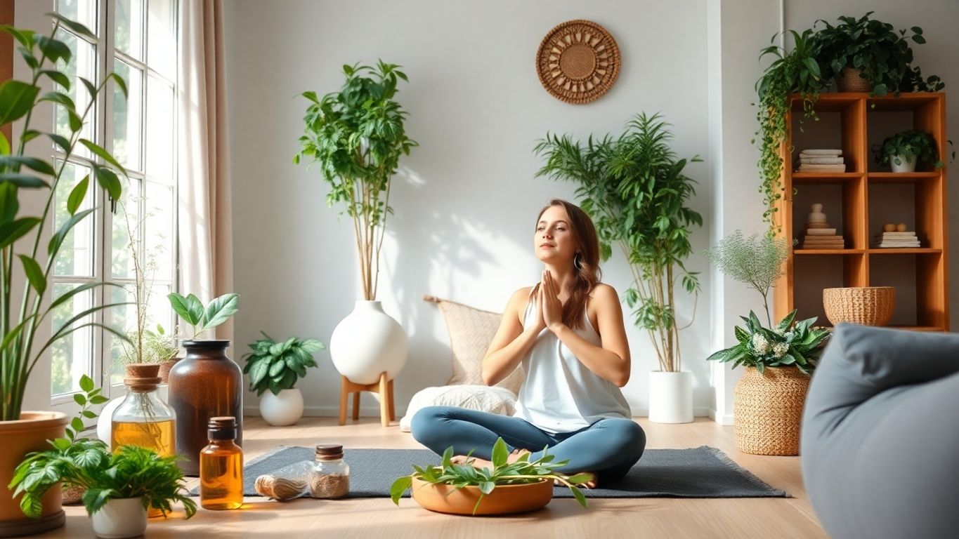 Relaxing home space with plants and herbal remedies.