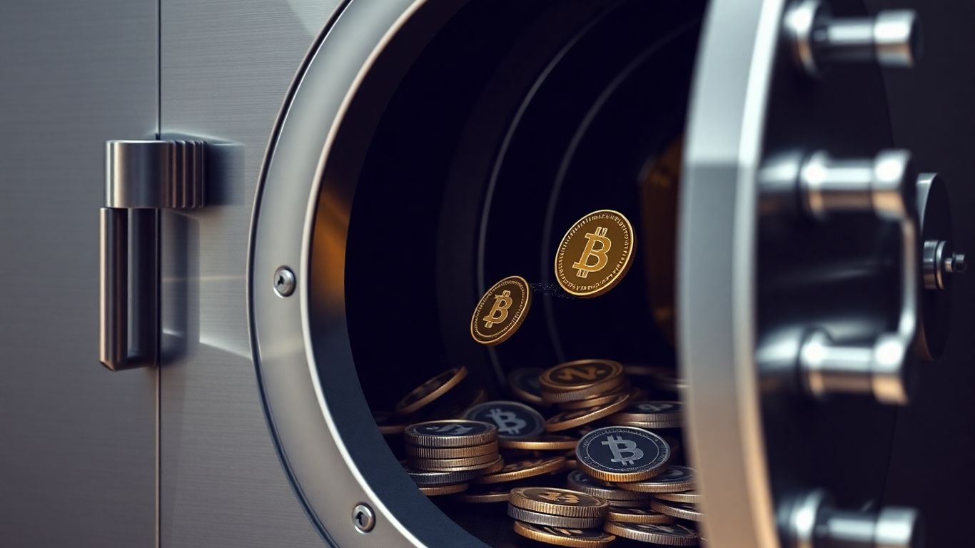 Digital currency coins flowing into a secure vault.