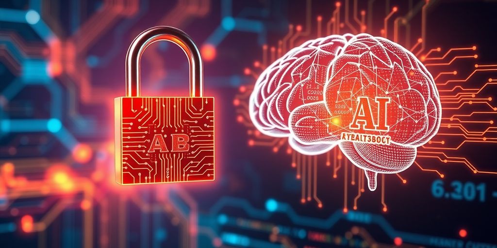 AI padlock with glowing circuits and brain icon.