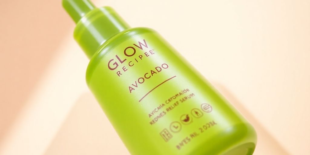 Glow Recipe Avocado Ceramide Serum bottle on pastel background.