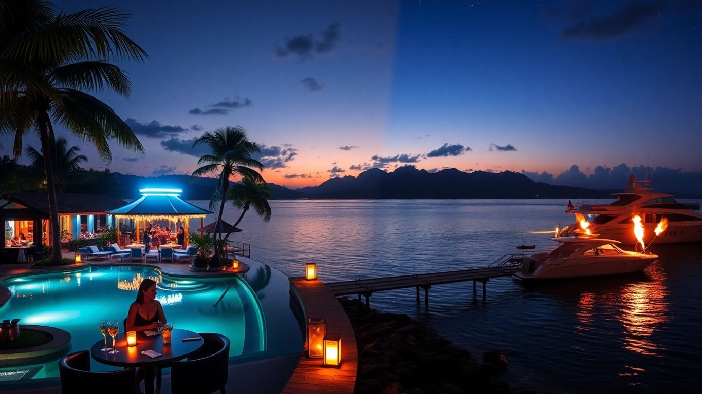 Split Phuket and Koh Samui nightlife: pools, yachts, neon, palms.