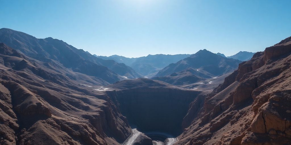 Vaste paysage montagneux avec une mine d'argent visible.