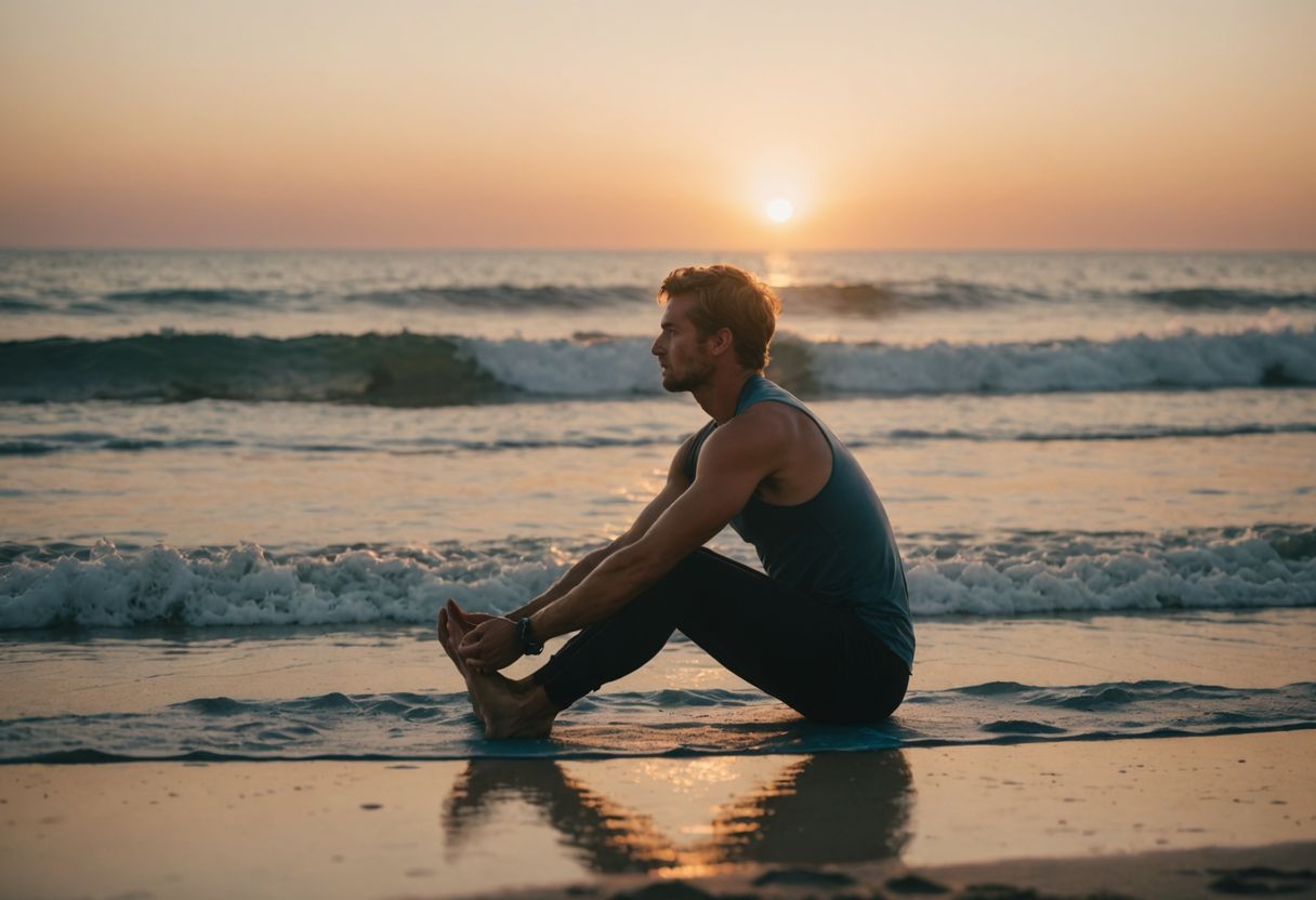 Surfer practicing yoga on beach during sunrise, balanced lifestyle.