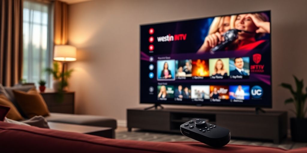 صورة لجهاز IPTV مع تلفاز ومحتوى مشوق