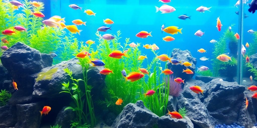 色彩斑斓的鱼在郁郁葱葱的水族馆中游动。