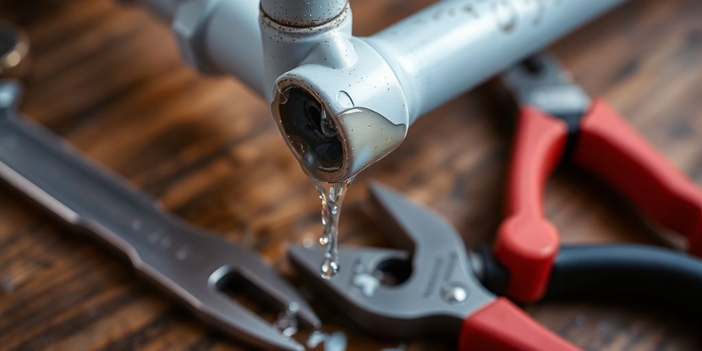 Leaky pipe with tools for plumbing repair on wood.