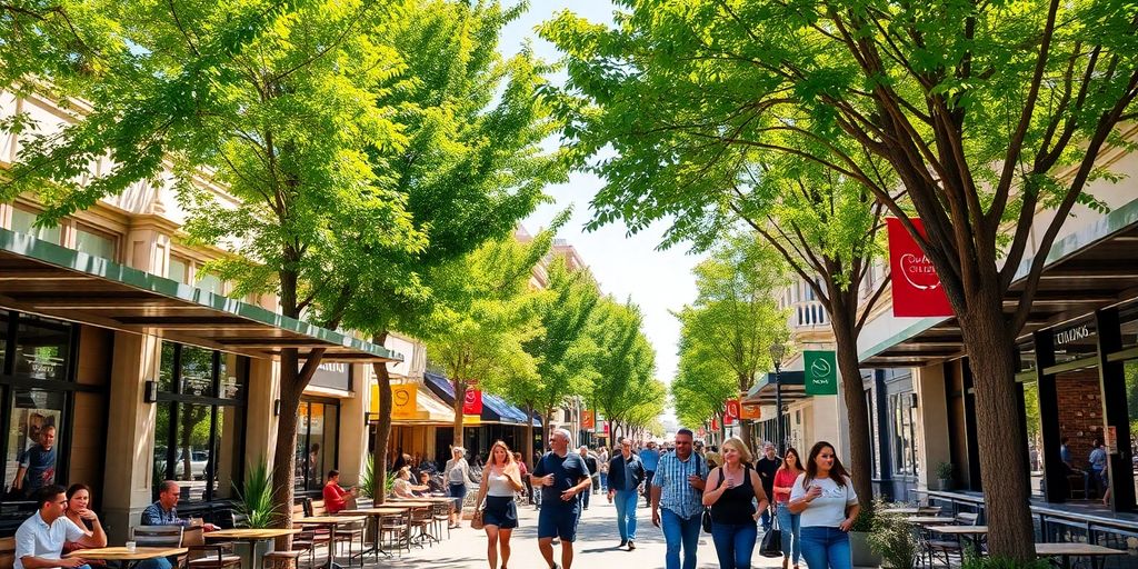 Sun-drenched Subiaco street with cafes and people.