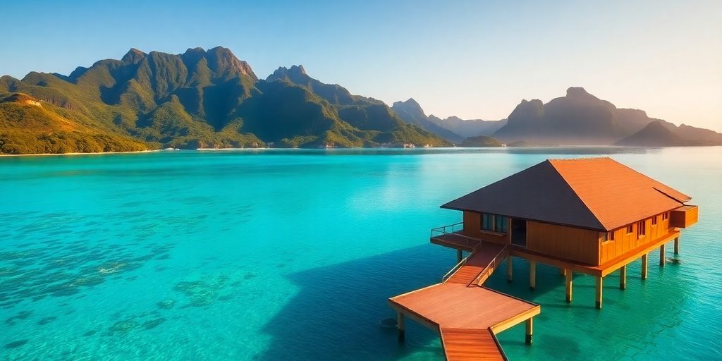 Bora Bora luxury resort overwater bungalow and turquoise lagoon.