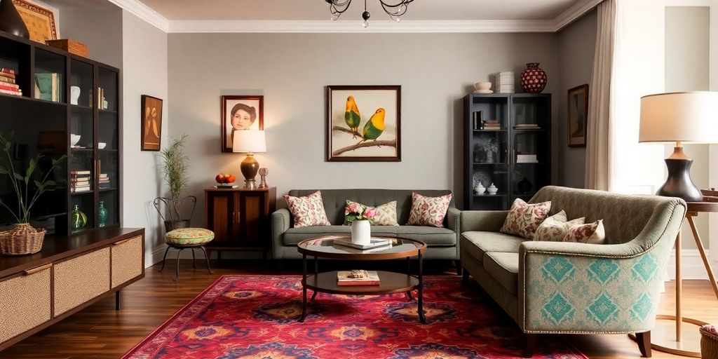 Sala de estar com decoração retrô e sofisticação.