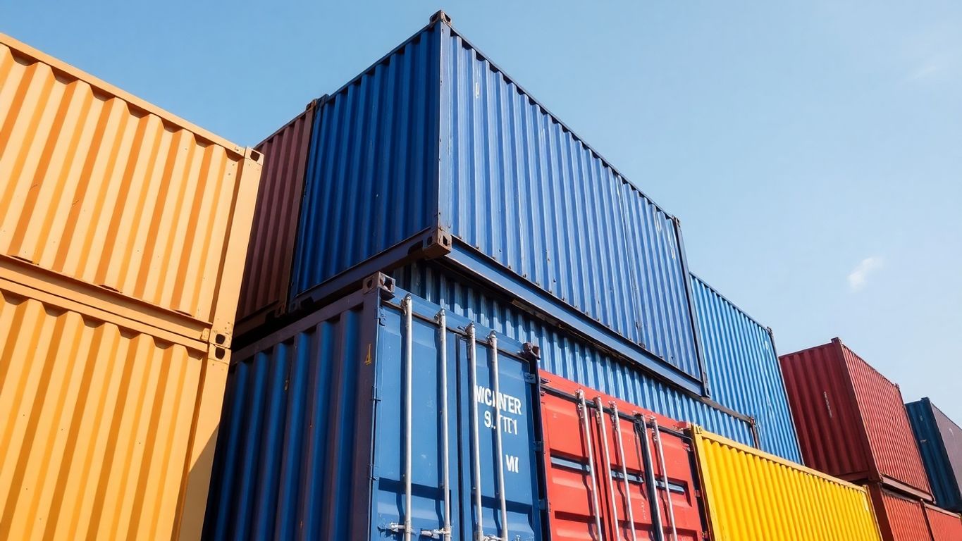 Shipping containers stacked against a bright sky.