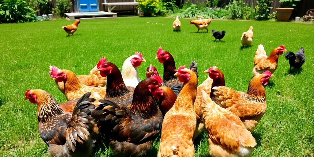 Flock of chickens in a grassy backyard.