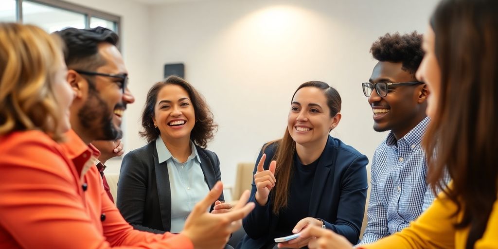 Diverse team collaborating in a lively meeting setting.
